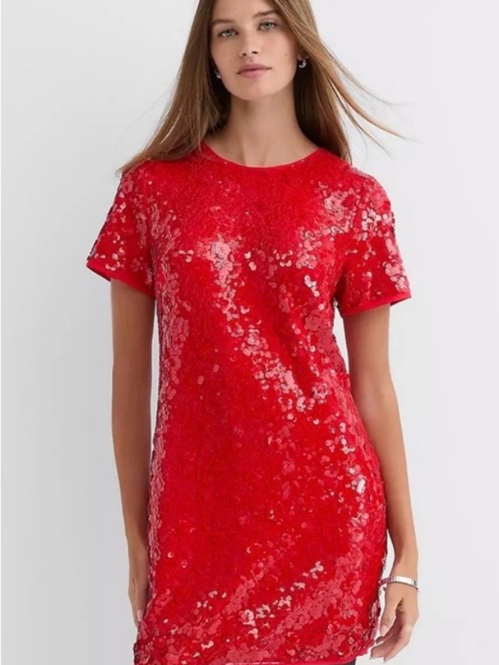 Sexy! Red Sequin Short Sleeve Shift Dress - Women